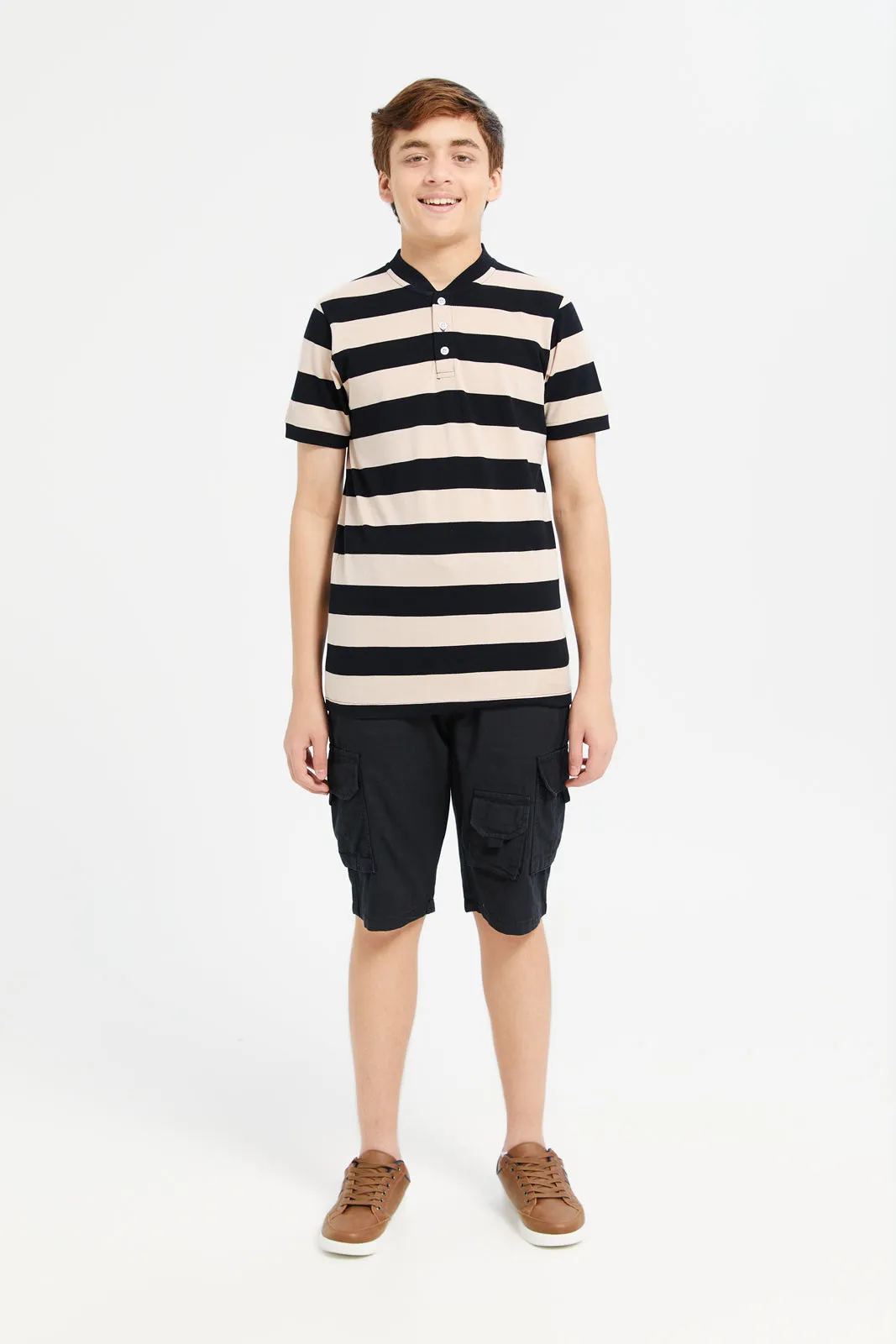 Senior Boys Beige And Black Striped Polo Shirt