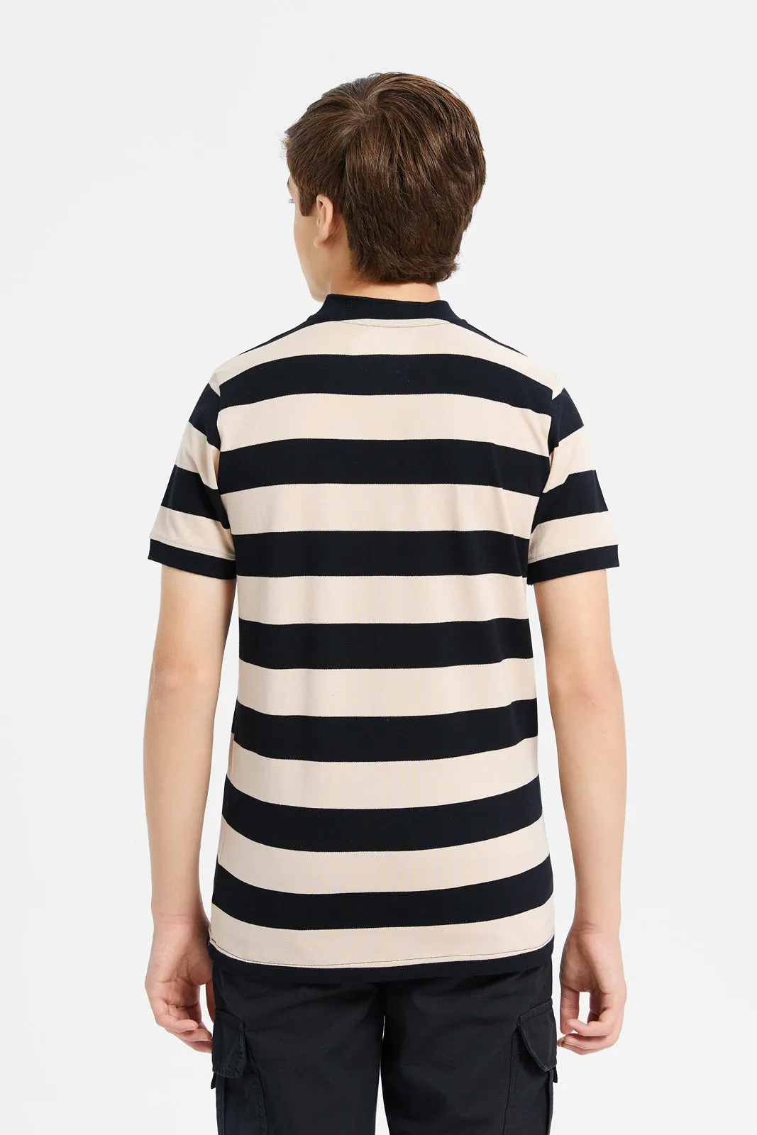 Senior Boys Beige And Black Striped Polo Shirt