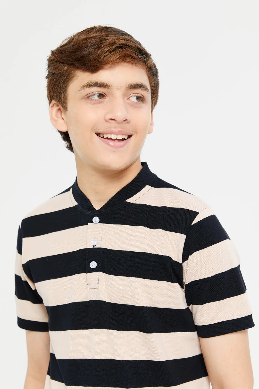 Senior Boys Beige And Black Striped Polo Shirt