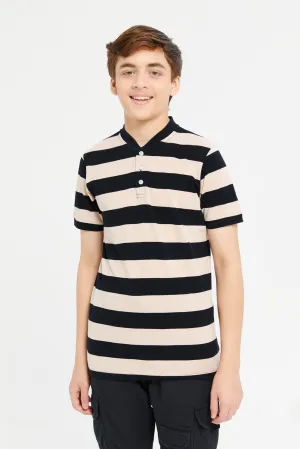 Senior Boys Beige And Black Striped Polo Shirt