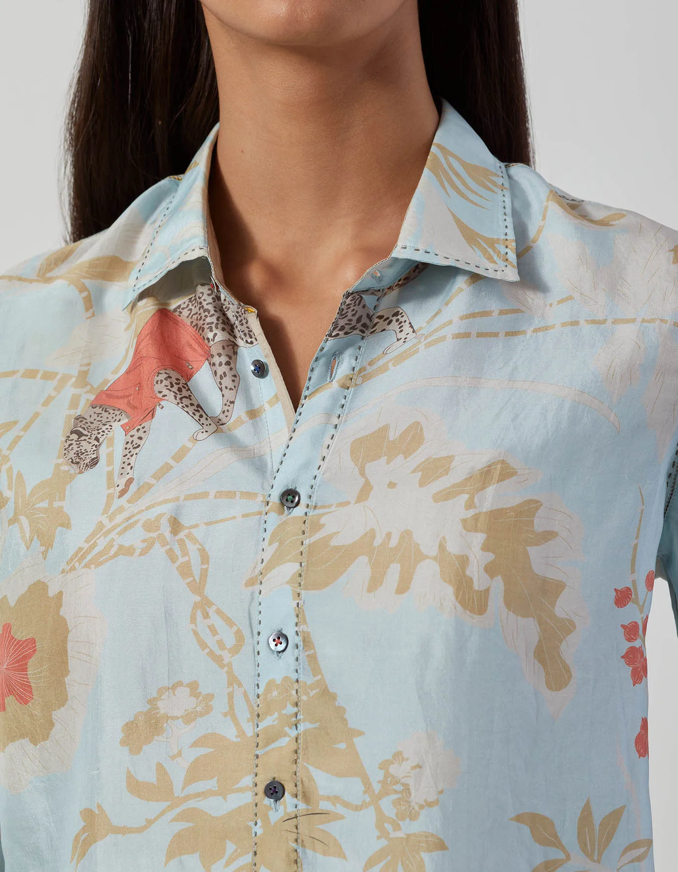Short Oversized Shirt Silk Ice Blue