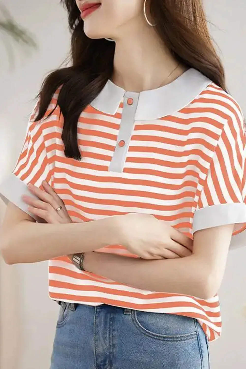 Short Sleeve Doll Collar Striped Casual Shirt
