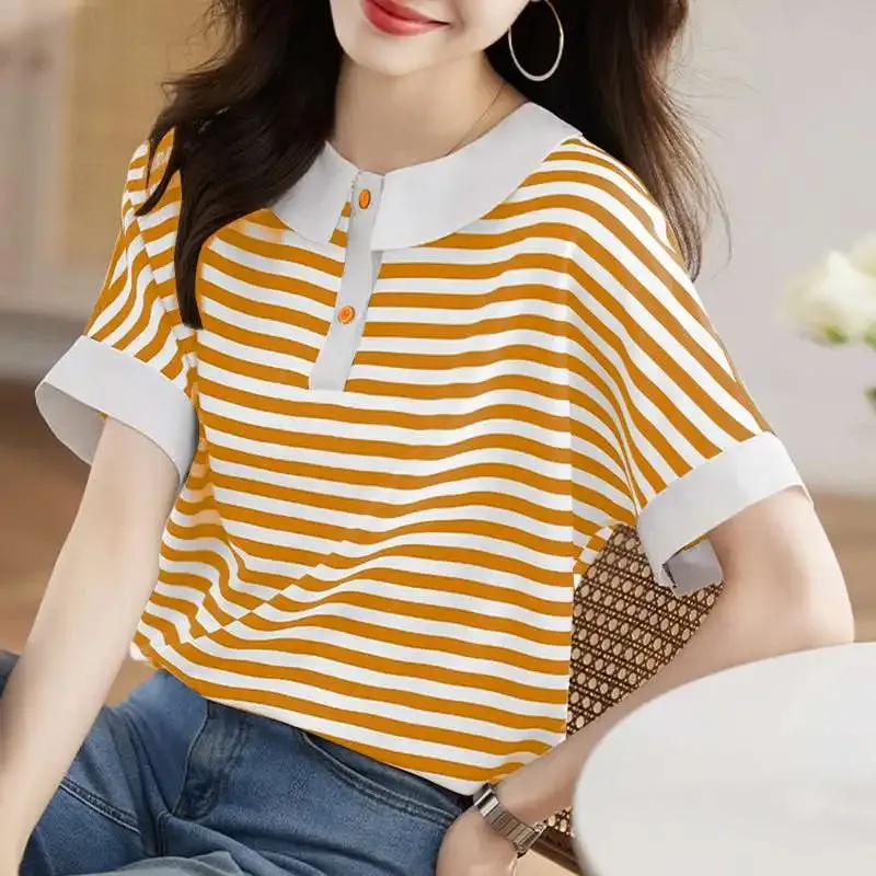 Short Sleeve Doll Collar Striped Casual Shirt