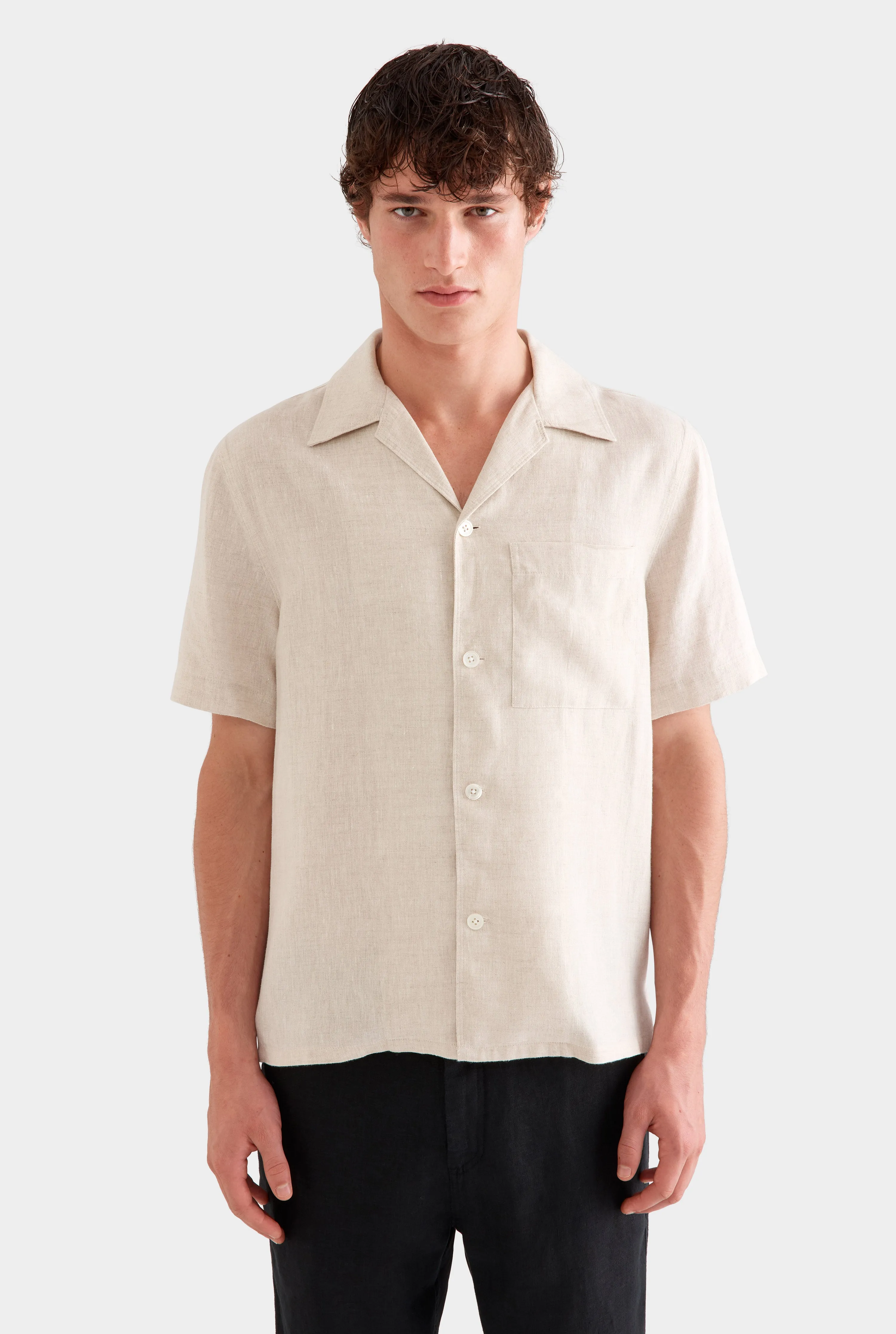 Short Sleeve Linen Camp Collar Shirt - Sand