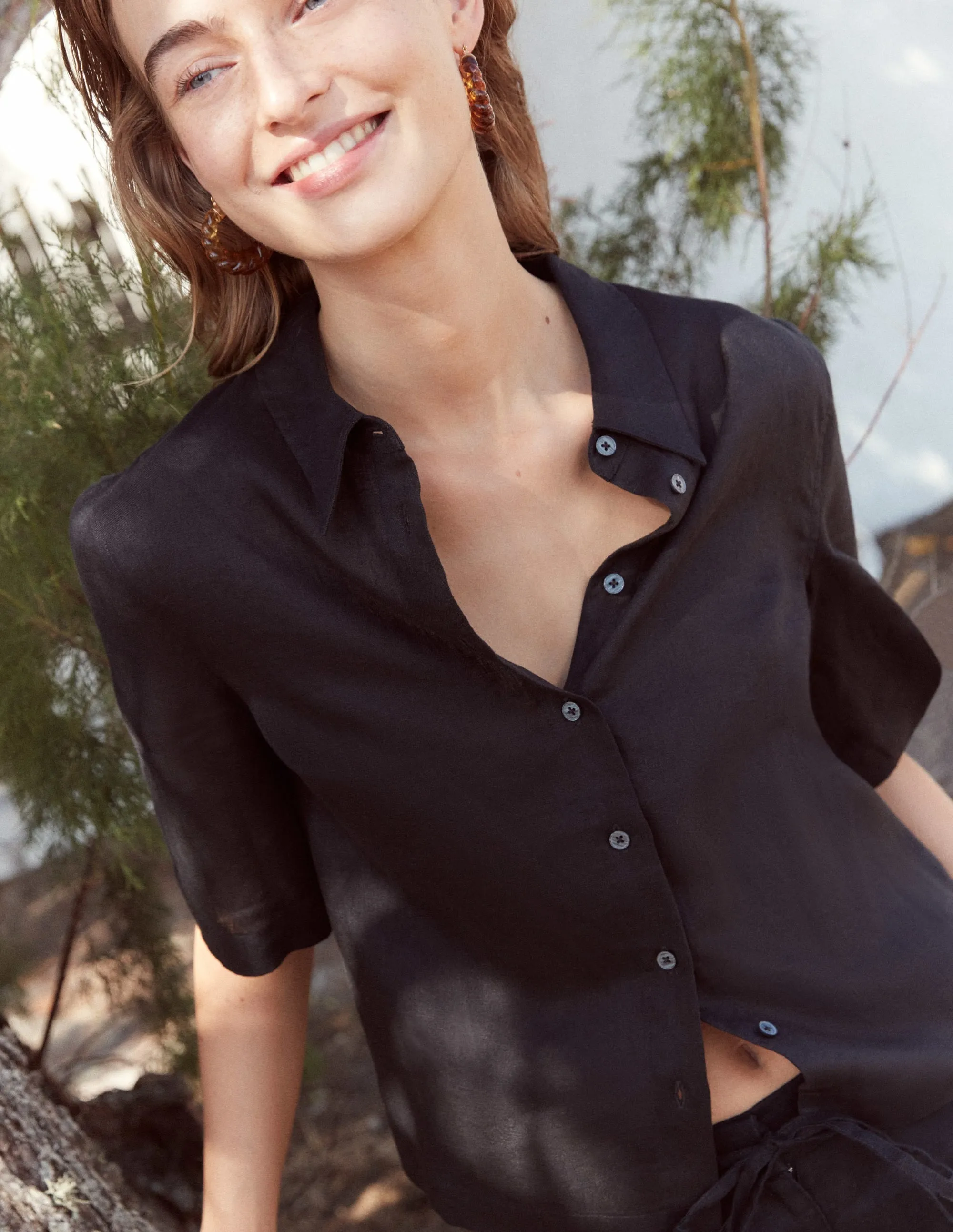 Short Sleeve Linen Shirt-Black