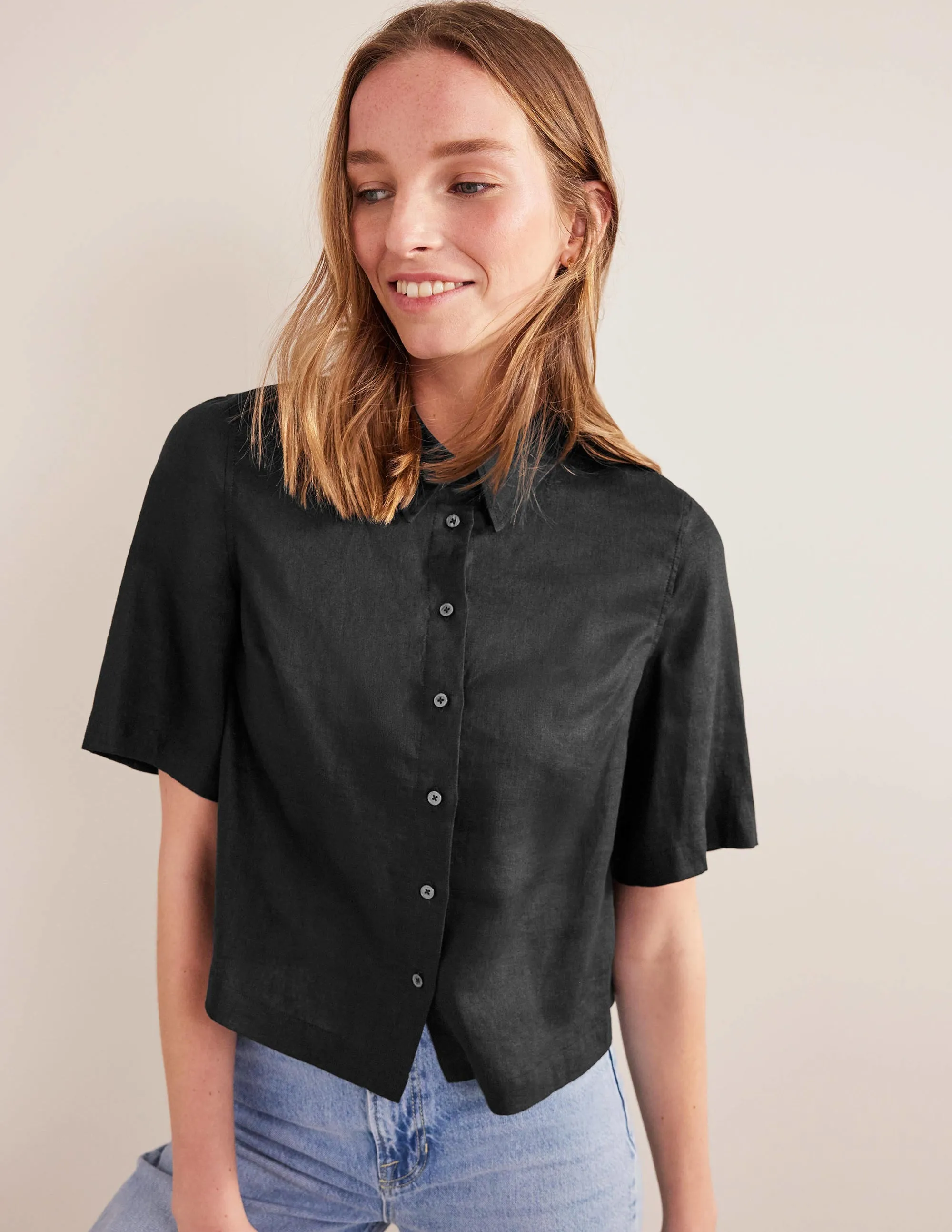 Short Sleeve Linen Shirt-Black