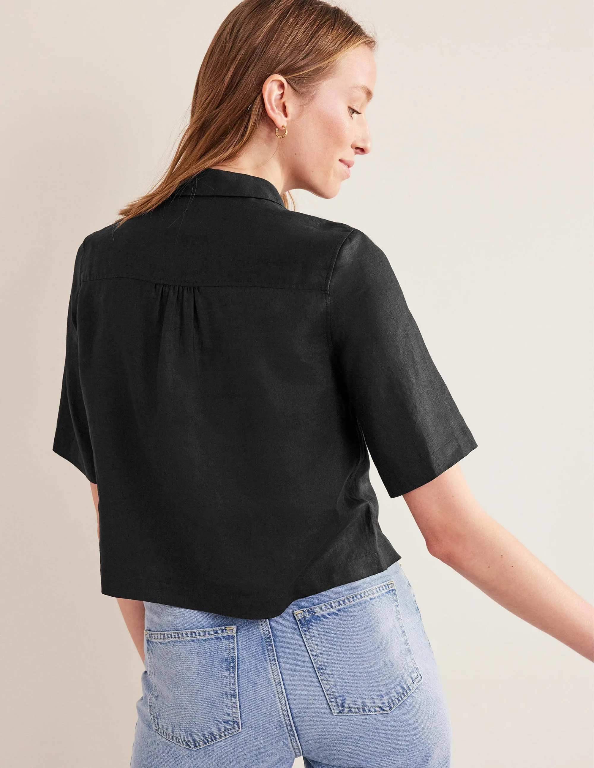 Short Sleeve Linen Shirt-Black