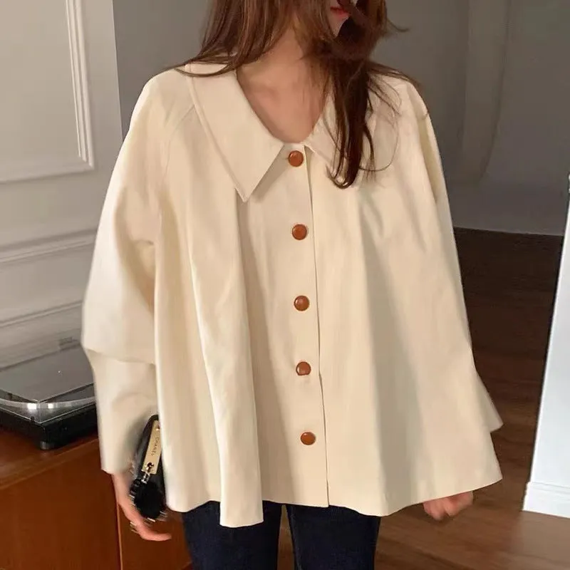 Simple lapel loose casual solid color versatile long-sleeved shirt top