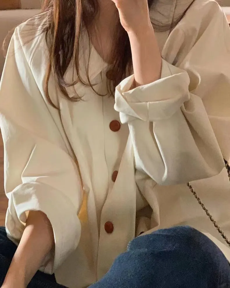 Simple lapel loose casual solid color versatile long-sleeved shirt top