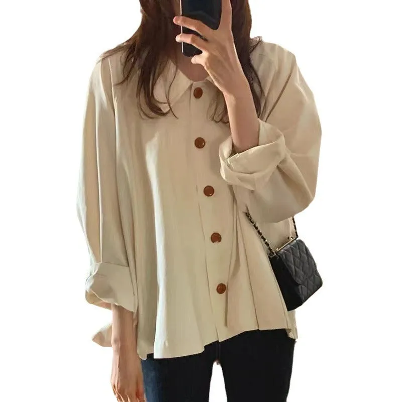 Simple lapel loose casual solid color versatile long-sleeved shirt top