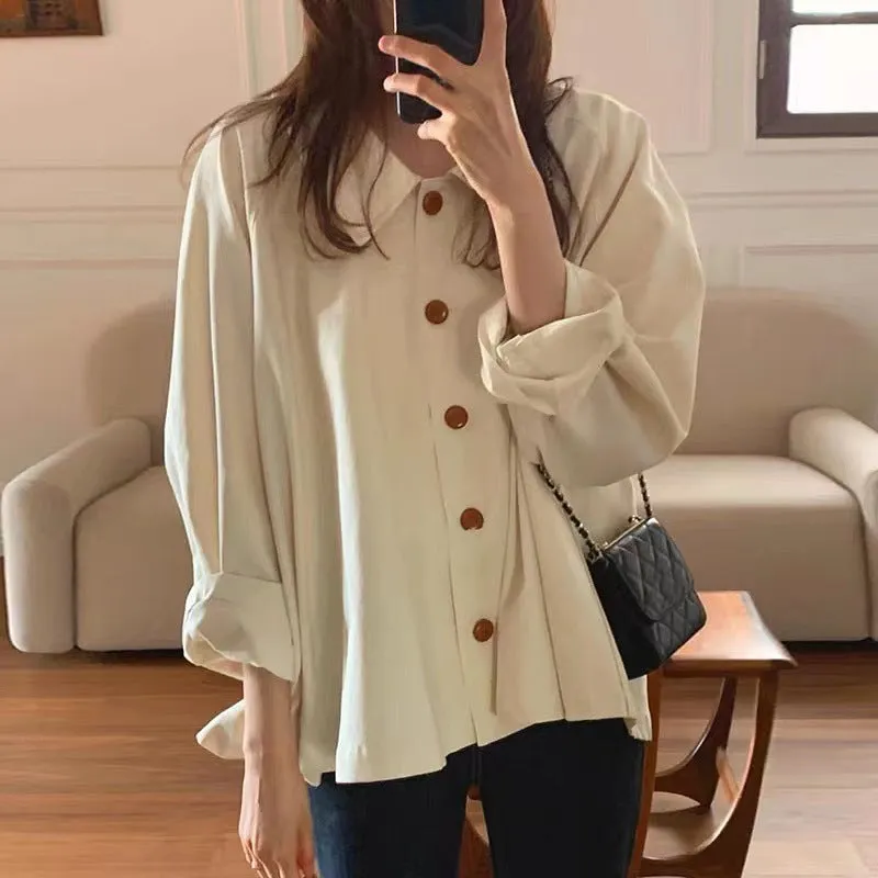 Simple lapel loose casual solid color versatile long-sleeved shirt top