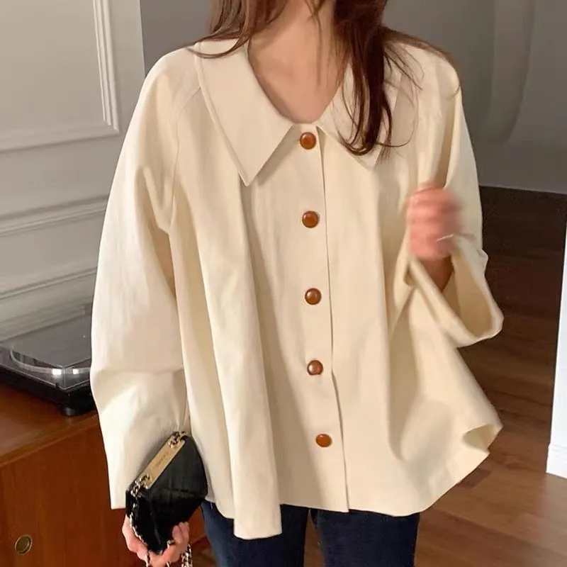 Simple lapel loose casual solid color versatile long-sleeved shirt top