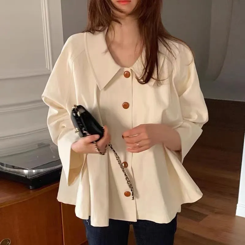 Simple lapel loose casual solid color versatile long-sleeved shirt top