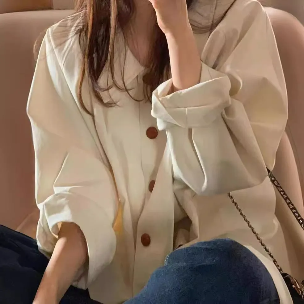 Simple lapel loose casual solid color versatile long-sleeved shirt top