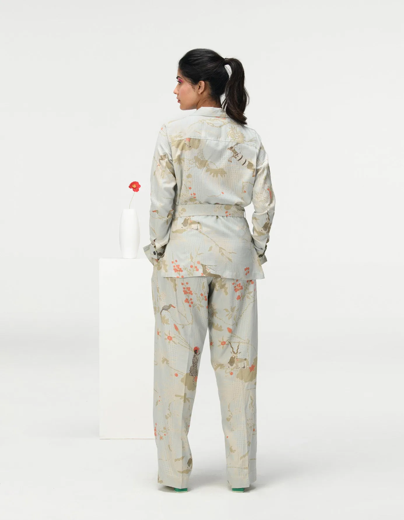 Single Pleated Trousers Cotton Silk Check Ice Blue