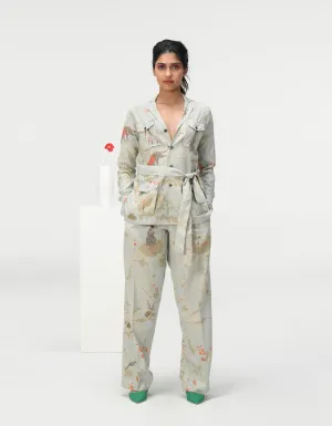Single Pleated Trousers Cotton Silk Check Ice Blue