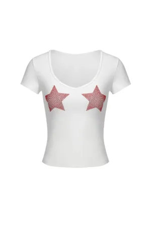 Slim Fit Star Graphic Tee - Y2K Inspired V-Neck Top for Women