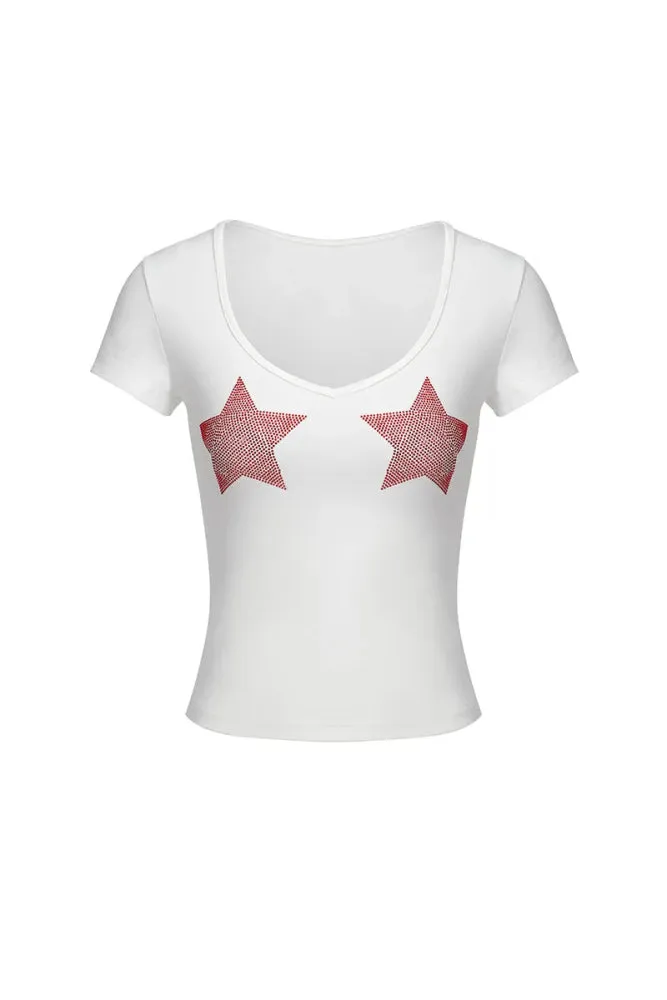Slim Fit Star Graphic Tee - Y2K Inspired V-Neck Top for Women