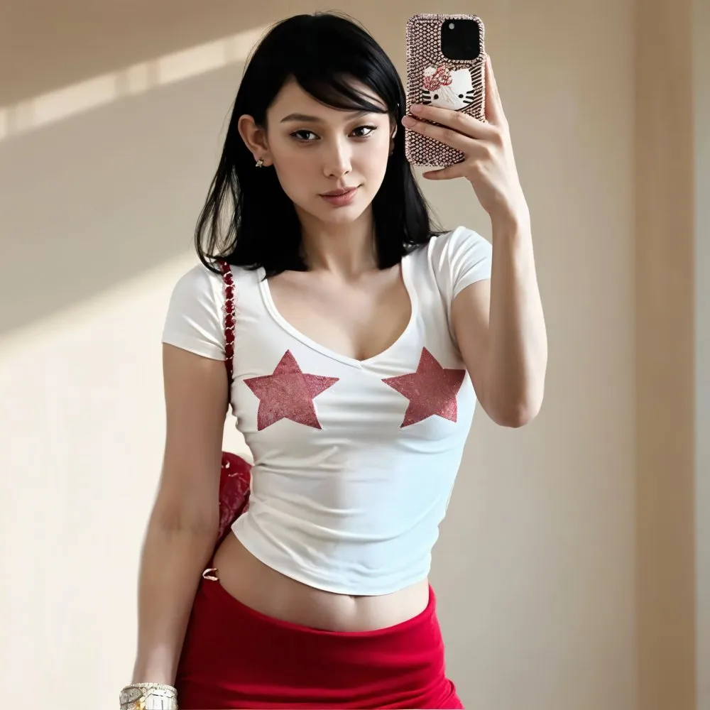 Slim Fit Star Graphic Tee - Y2K Inspired V-Neck Top for Women
