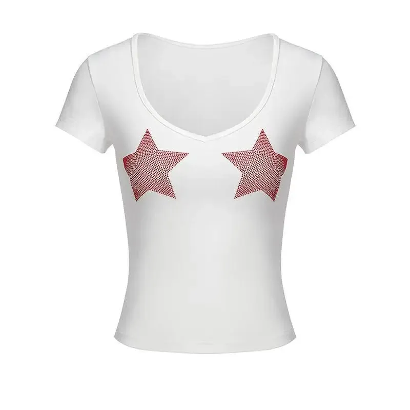 Slim Fit Star Graphic Tee - Y2K Inspired V-Neck Top for Women