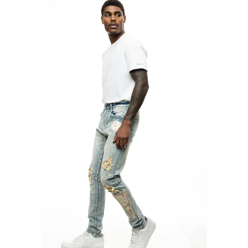 Slim Tapered Varsity Detailed Jeans - Alpine Blue