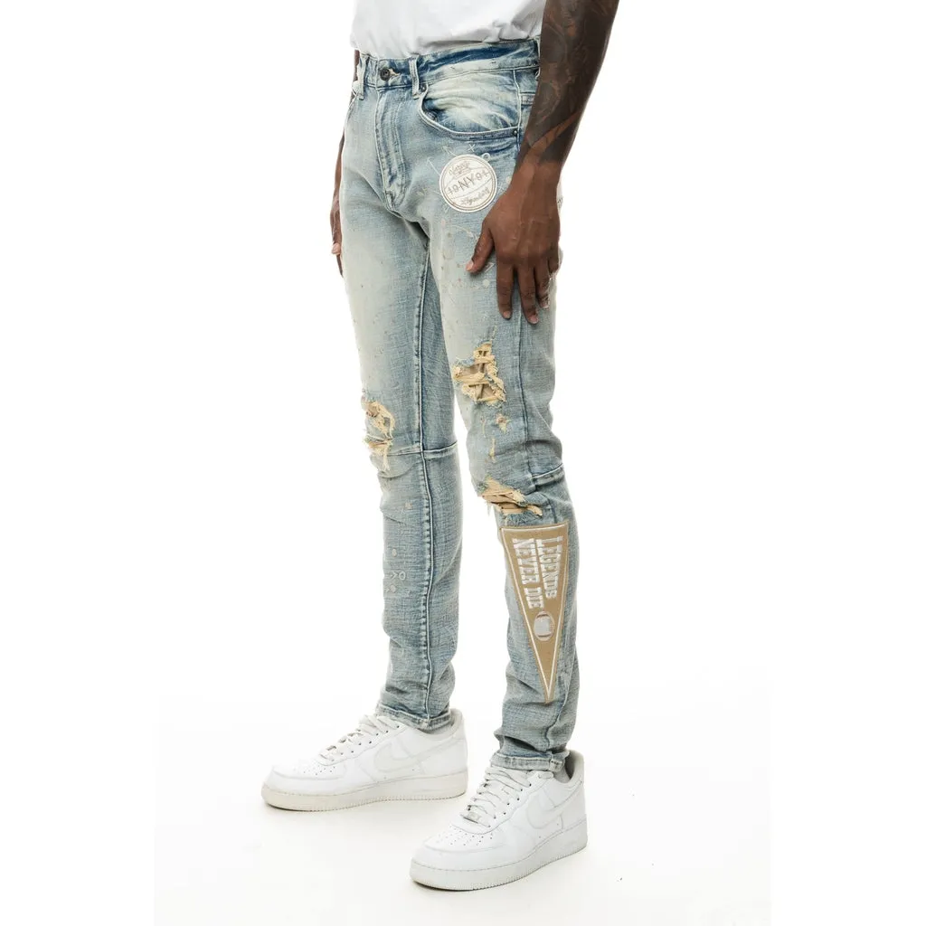 Slim Tapered Varsity Detailed Jeans - Alpine Blue