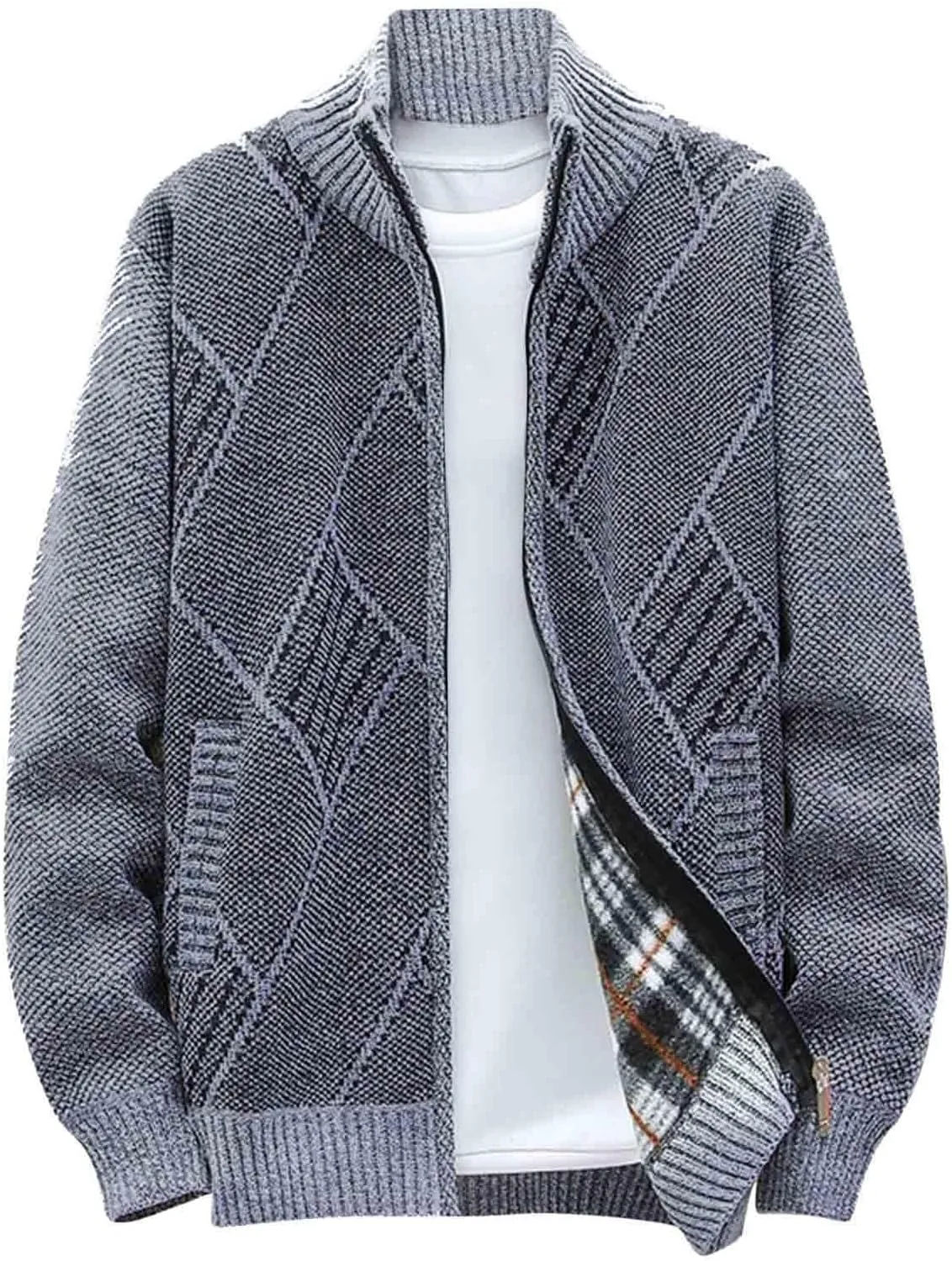 SMIDOW Men's Cardigan Sweaters Knitted Stand Collar Regular Fit Jacket Full Zip Fleece Lined Winter Warm Coat