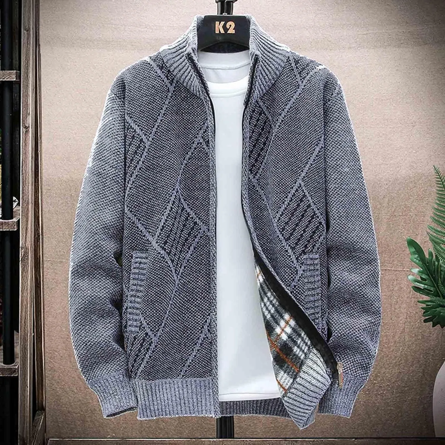 SMIDOW Men's Cardigan Sweaters Knitted Stand Collar Regular Fit Jacket Full Zip Fleece Lined Winter Warm Coat