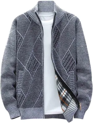 SMIDOW Men's Cardigan Sweaters Knitted Stand Collar Regular Fit Jacket Full Zip Fleece Lined Winter Warm Coat