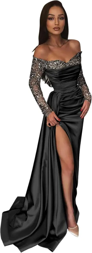 Sparkly Sequin Formal Dress with Long Sleeve Satin Off Shoulder Mermaid Formal Dress Train Ball Gown Evening Gown
