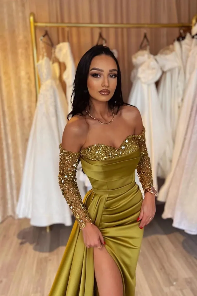 Sparkly Sequin Formal Dress with Long Sleeve Satin Off Shoulder Mermaid Formal Dress Train Ball Gown Evening Gown