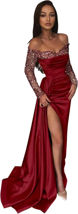Sparkly Sequin Formal Dress with Long Sleeve Satin Off Shoulder Mermaid Formal Dress Train Ball Gown Evening Gown