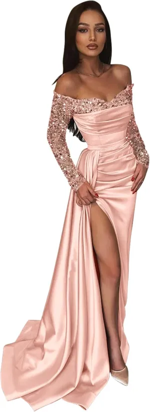 Sparkly Sequin Formal Dress with Long Sleeve Satin Off Shoulder Mermaid Formal Dress Train Ball Gown Evening Gown