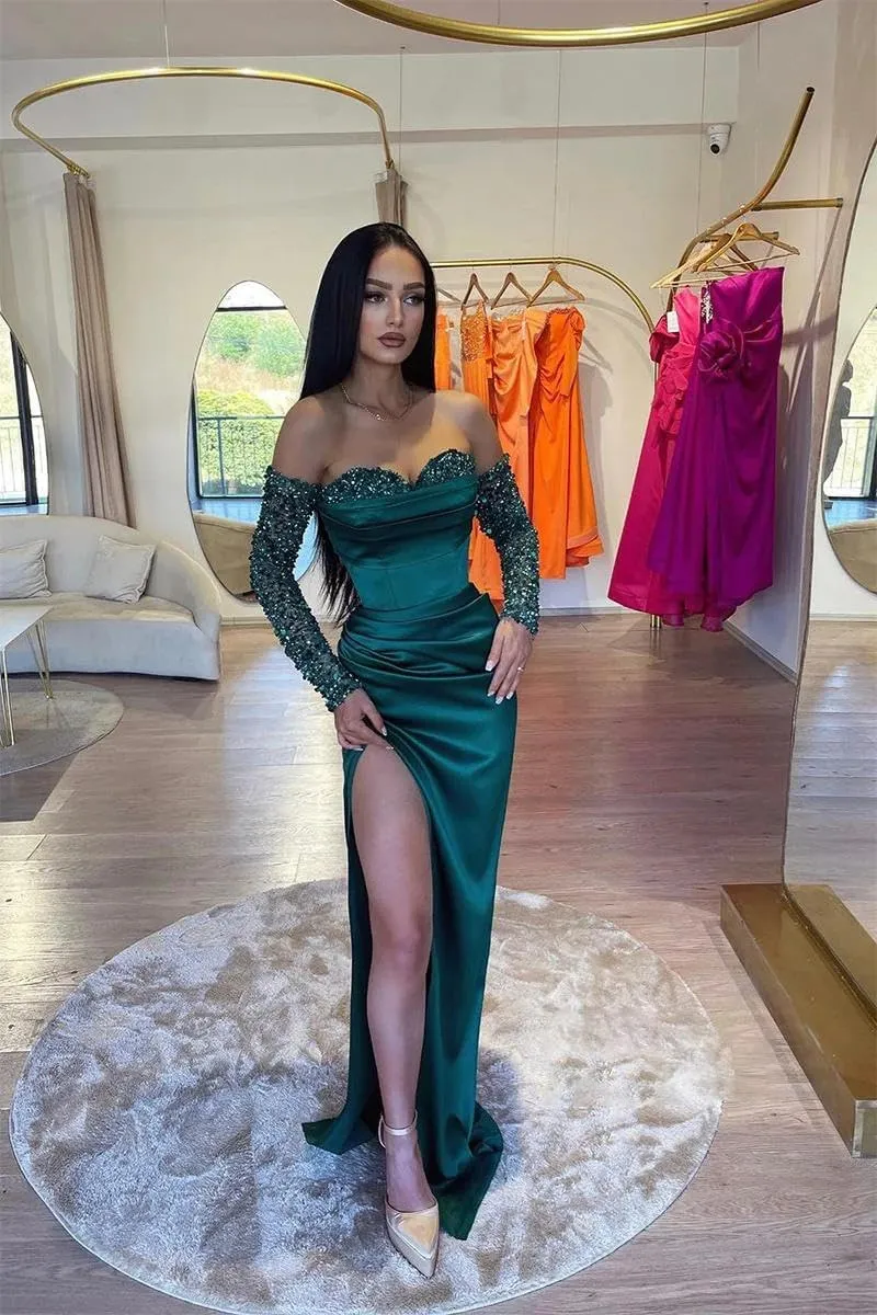 Sparkly Sequin Formal Dress with Long Sleeve Satin Off Shoulder Mermaid Formal Dress Train Ball Gown Evening Gown