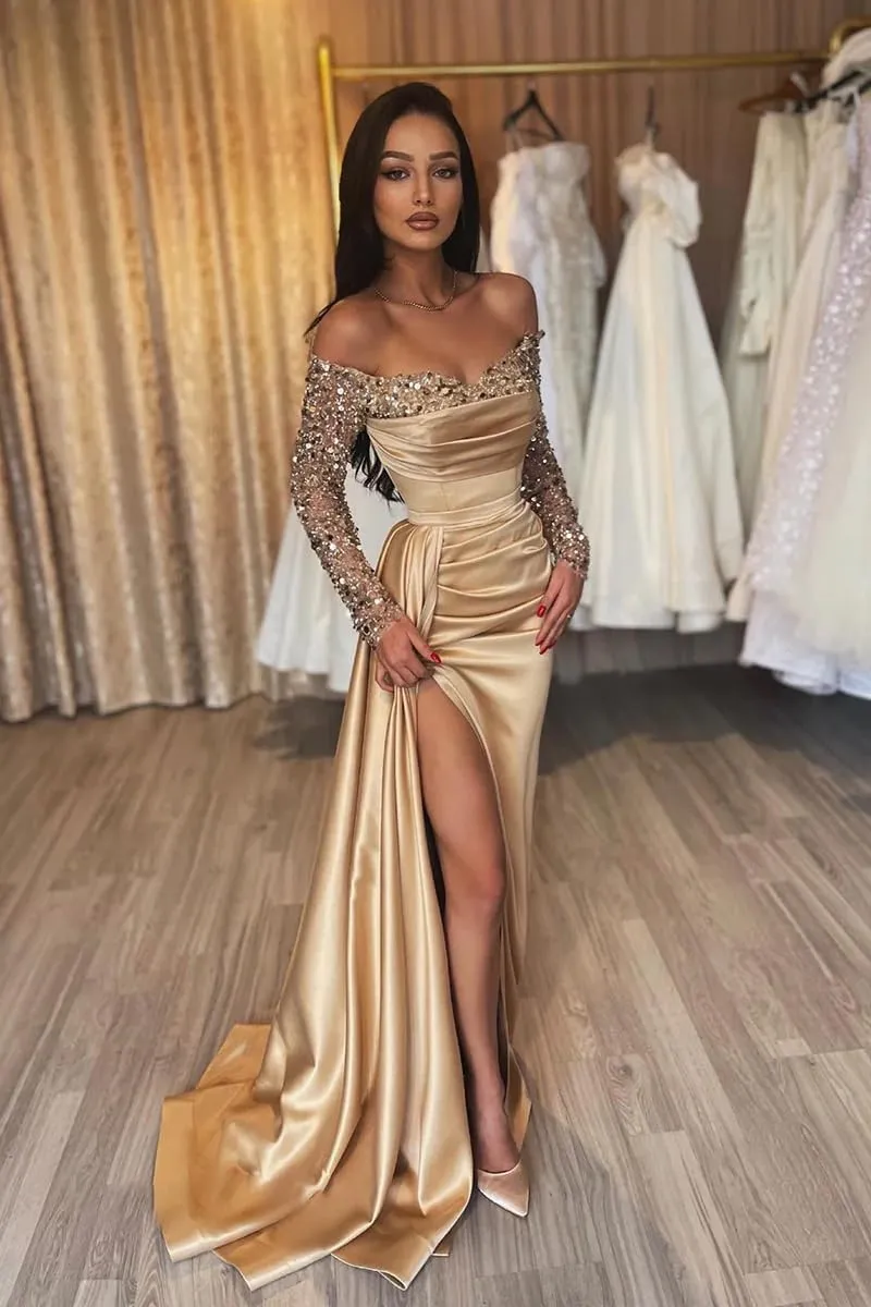 Sparkly Sequin Formal Dress with Long Sleeve Satin Off Shoulder Mermaid Formal Dress Train Ball Gown Evening Gown