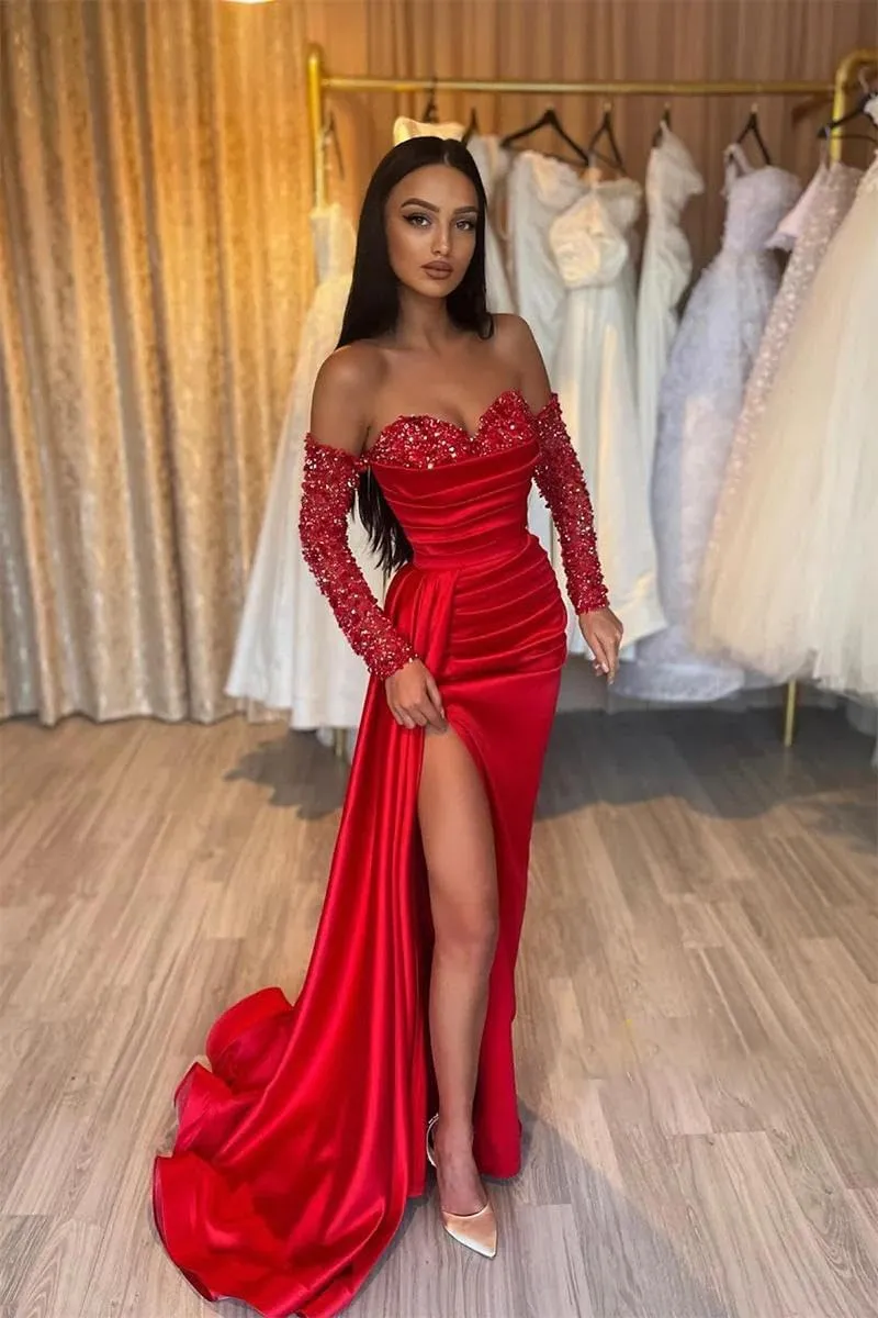 Sparkly Sequin Formal Dress with Long Sleeve Satin Off Shoulder Mermaid Formal Dress Train Ball Gown Evening Gown
