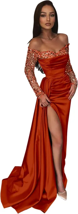 Sparkly Sequin Formal Dress with Long Sleeve Satin Off Shoulder Mermaid Formal Dress Train Ball Gown Evening Gown