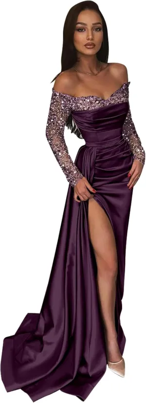 Sparkly Sequin Formal Dress with Long Sleeve Satin Off Shoulder Mermaid Formal Dress Train Ball Gown Evening Gown