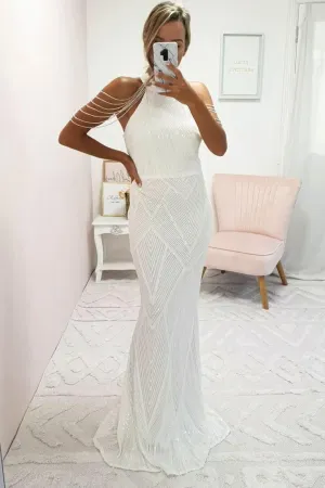 Sparkly Sequin Prom Dresses with Bead Tassel Halter Mermaid Formal Evening Dresses Long Bodycon Formal Gowns