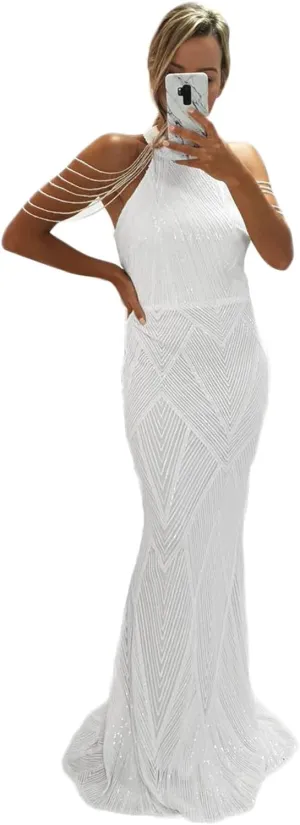 Sparkly Sequin Prom Dresses with Bead Tassel Halter Mermaid Formal Evening Dresses Long Bodycon Formal Gowns