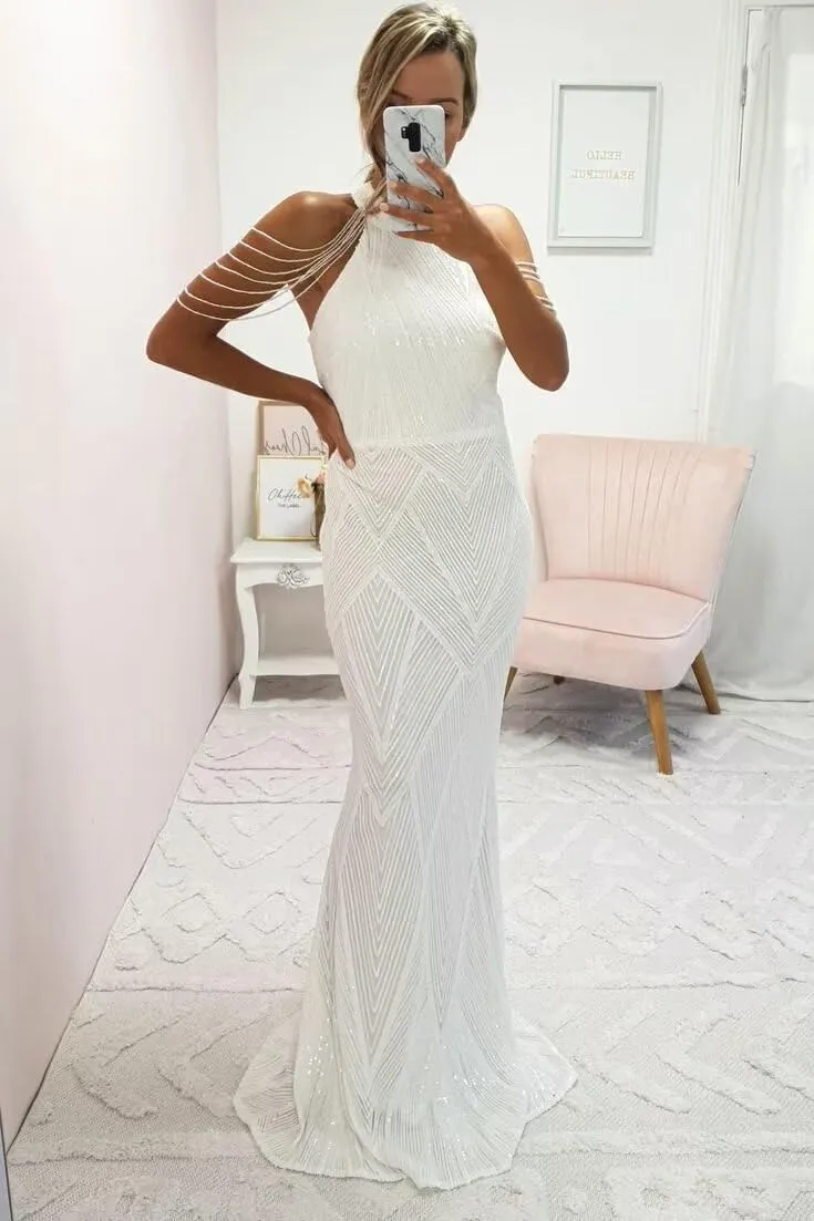 Sparkly Sequin Prom Dresses with Bead Tassel Halter Mermaid Formal Evening Dresses Long Bodycon Formal Gowns