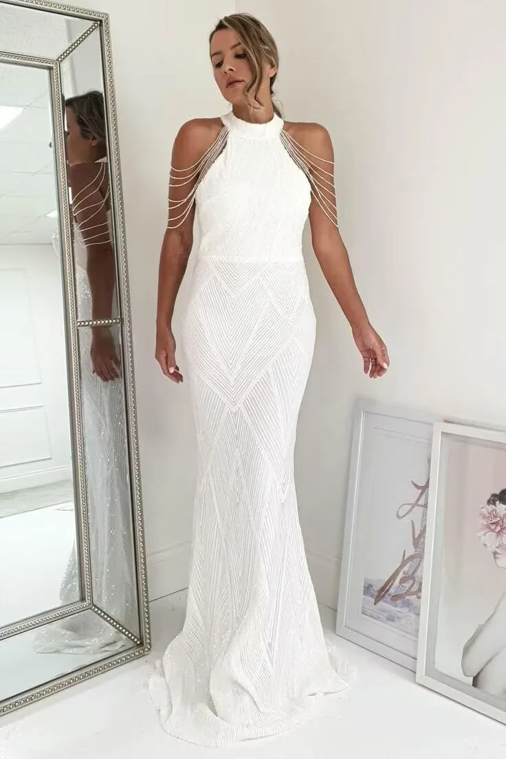 Sparkly Sequin Prom Dresses with Bead Tassel Halter Mermaid Formal Evening Dresses Long Bodycon Formal Gowns