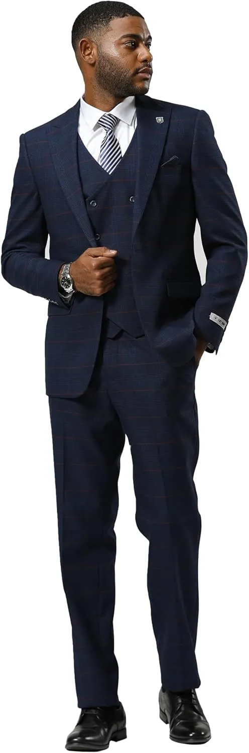 STACY ADAMS Mens Classic Modern 3-Piece Suit  Slim Fit Glen Check Tailored Jacket, Vest, and Slim-Fit Trousers