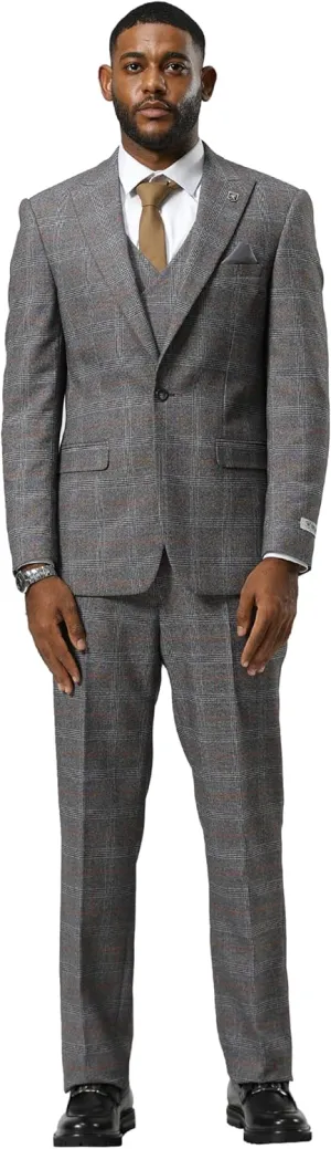 STACY ADAMS Mens Classic Modern 3-Piece Suit  Slim Fit Glen Check Tailored Jacket, Vest, and Slim-Fit Trousers