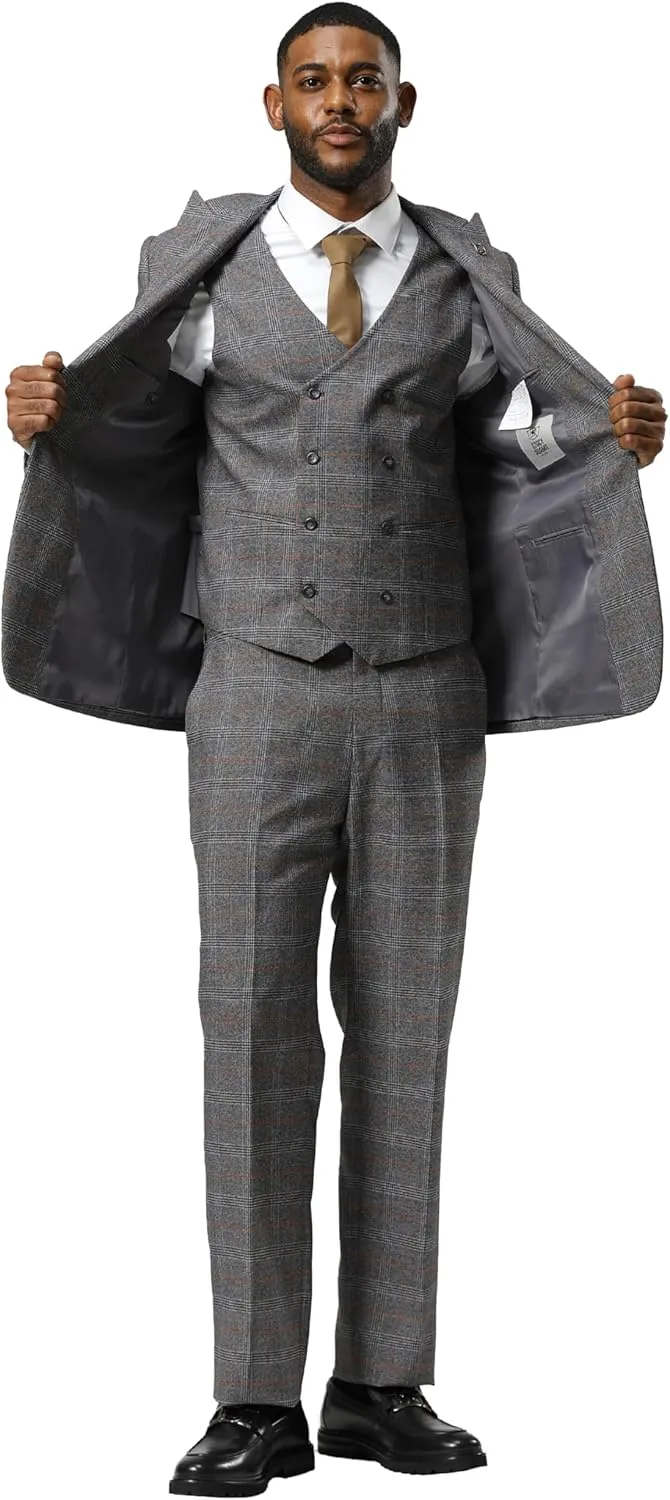 STACY ADAMS Mens Classic Modern 3-Piece Suit  Slim Fit Glen Check Tailored Jacket, Vest, and Slim-Fit Trousers