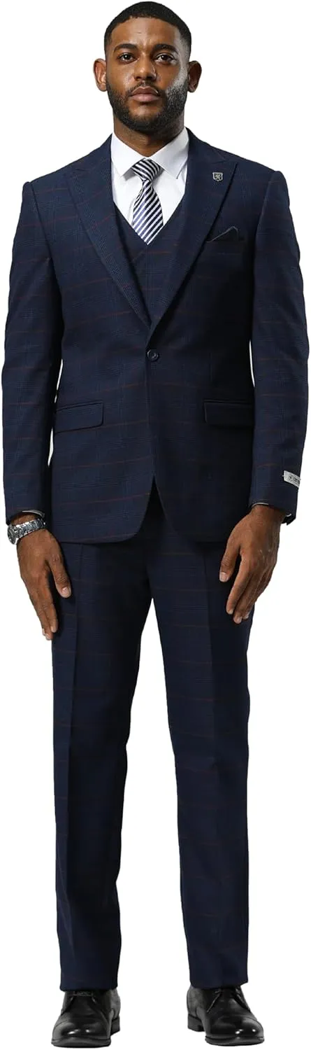 STACY ADAMS Mens Classic Modern 3-Piece Suit  Slim Fit Glen Check Tailored Jacket, Vest, and Slim-Fit Trousers