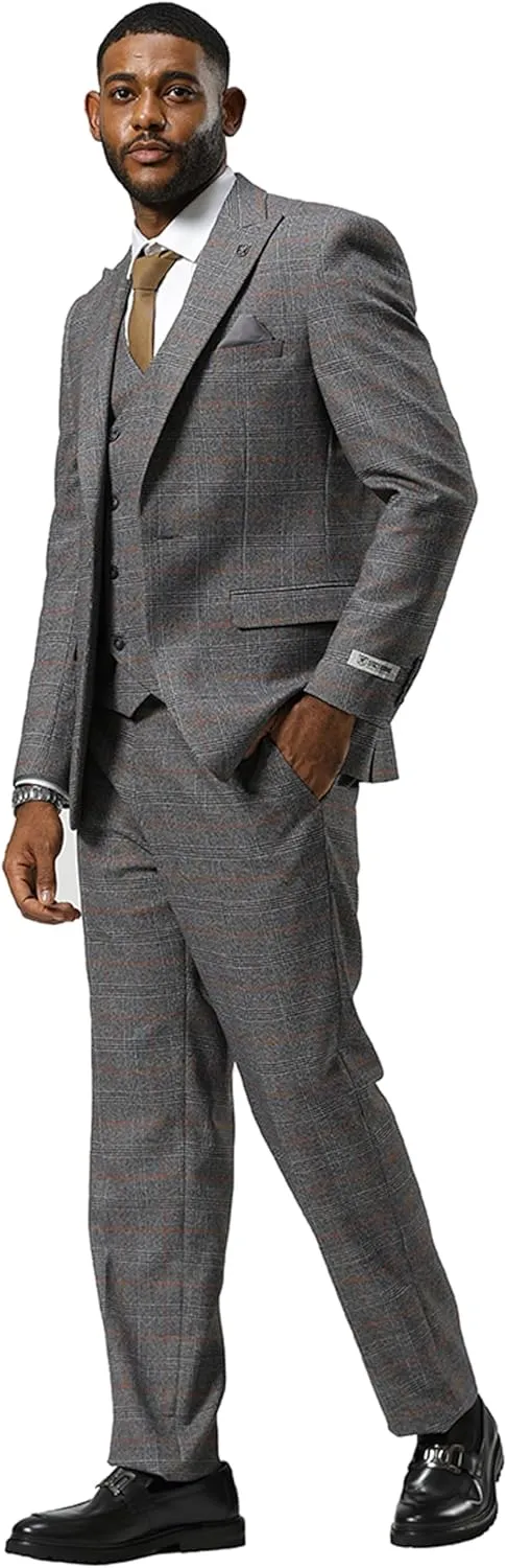 STACY ADAMS Mens Classic Modern 3-Piece Suit  Slim Fit Glen Check Tailored Jacket, Vest, and Slim-Fit Trousers