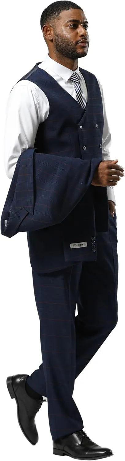 STACY ADAMS Mens Classic Modern 3-Piece Suit  Slim Fit Glen Check Tailored Jacket, Vest, and Slim-Fit Trousers