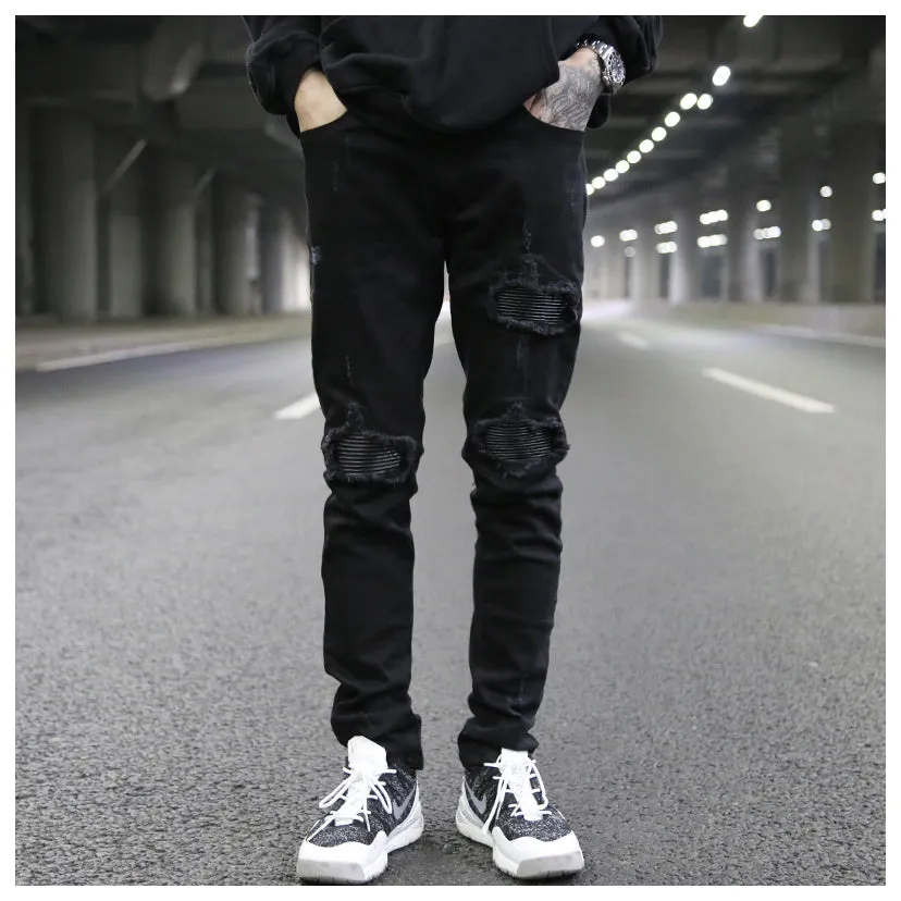 Stitching PU Patch Slim Fit Stretch Stiletto Jeans