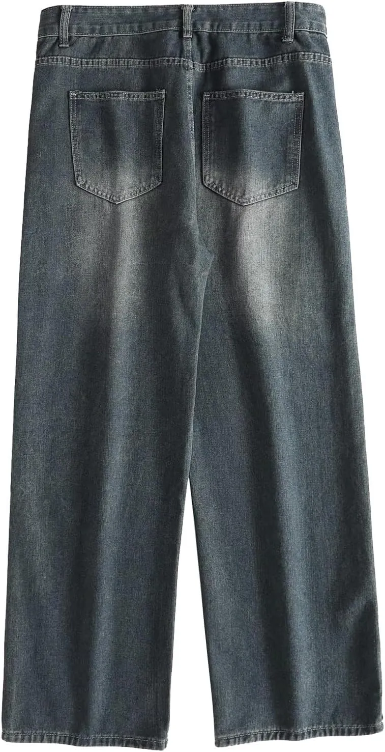 Stretch Jeans Men Extreme Motion Jeans Y2K Street Retro Hip-hop Flame Splicing Wide Leg Jeans Gothic Loose Jeans